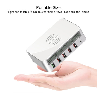 WLX-818F 6 in 1 10W QC3.0 Wireless Charging + USB-C / Type-C + 4 USB Ports Charger with Smart LCD...
