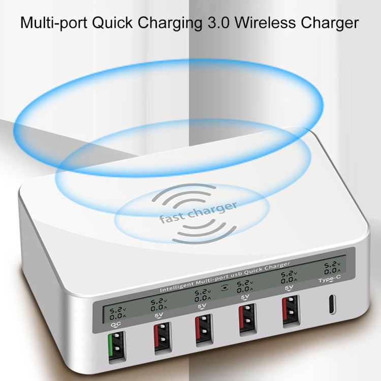WLX-818F 6 in 1 10W QC3.0 Wireless Charging + USB-C / Type-C + 4 USB Ports Charger with Smart LCD...