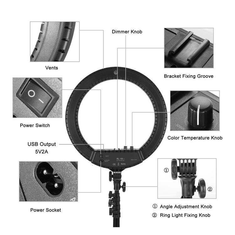 MANTOO RL-18 II 100-240V 55W 18 inch Two-color Dimmable Ring Fill Light with Tripod, 18 inch