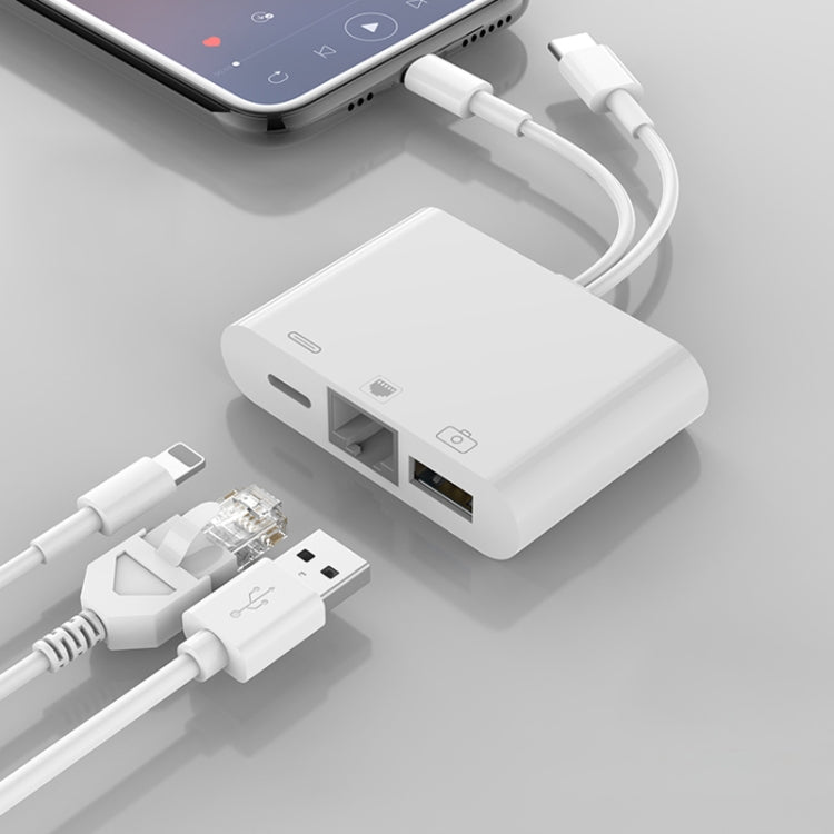 NK-107 Pro 3 in 1 USB-C / Type-C + 8 Pin Male to USB + RJ45 + 8 Pin Charging Female Interface Ada...