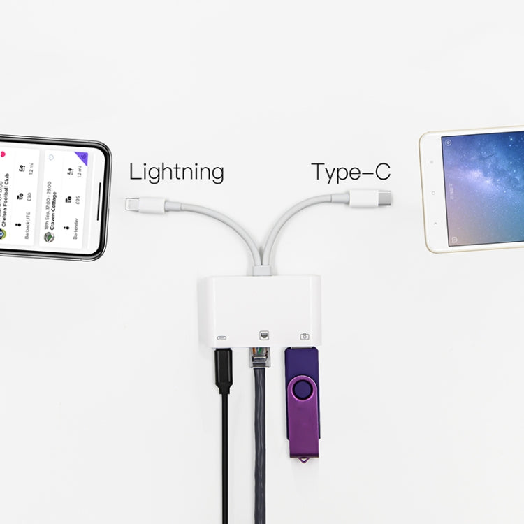 NK-107 Pro 3 in 1 USB-C / Type-C + 8 Pin Male to USB + RJ45 + 8 Pin Charging Female Interface Ada...