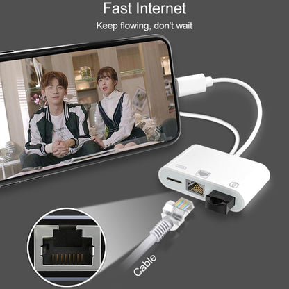 NK-107 Pro 3 in 1 USB-C / Type-C + 8 Pin Male to USB + RJ45 + 8 Pin Charging Female Interface Ada...