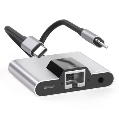 NK-1056Pro 3 in 1 8 Pin + USB-C / Type-C Male to 8 Pin Charging + Ethernet + 3.5mm Earphone Femal...
