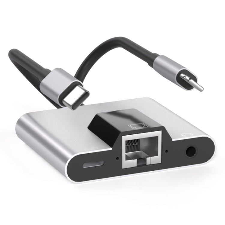 NK-1056Pro 3 in 1 8 Pin + USB-C / Type-C Male to 8 Pin Charging + Ethernet + 3.5mm Earphone Femal...