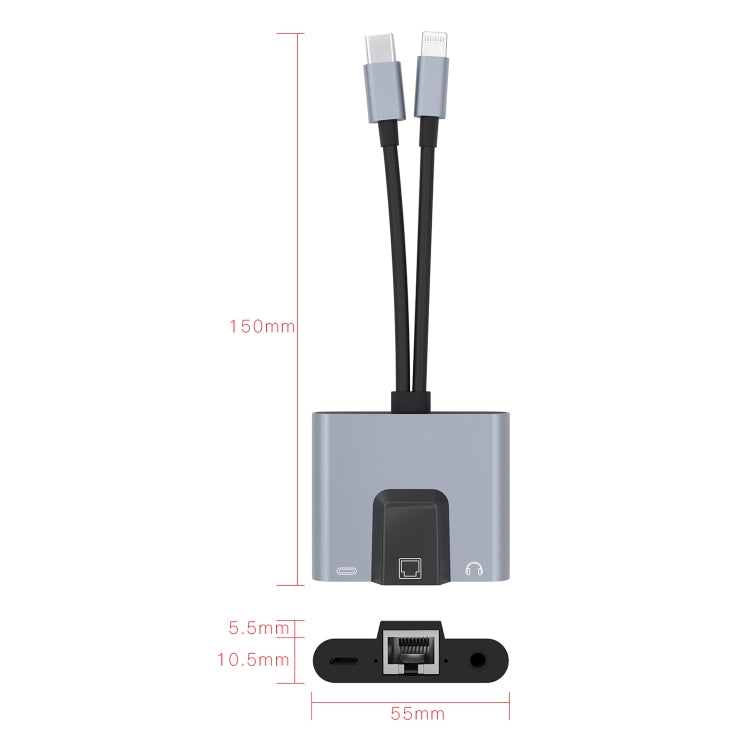 NK-1056Pro 3 in 1 8 Pin + USB-C / Type-C Male to 8 Pin Charging + Ethernet + 3.5mm Earphone Femal...