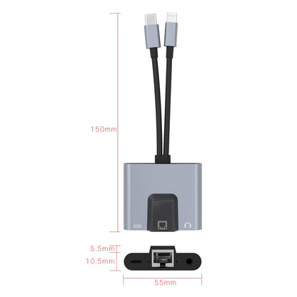 NK-1056Pro 3 in 1 8 Pin + USB-C / Type-C Male to 8 Pin Charging + Ethernet + 3.5mm Earphone Femal...