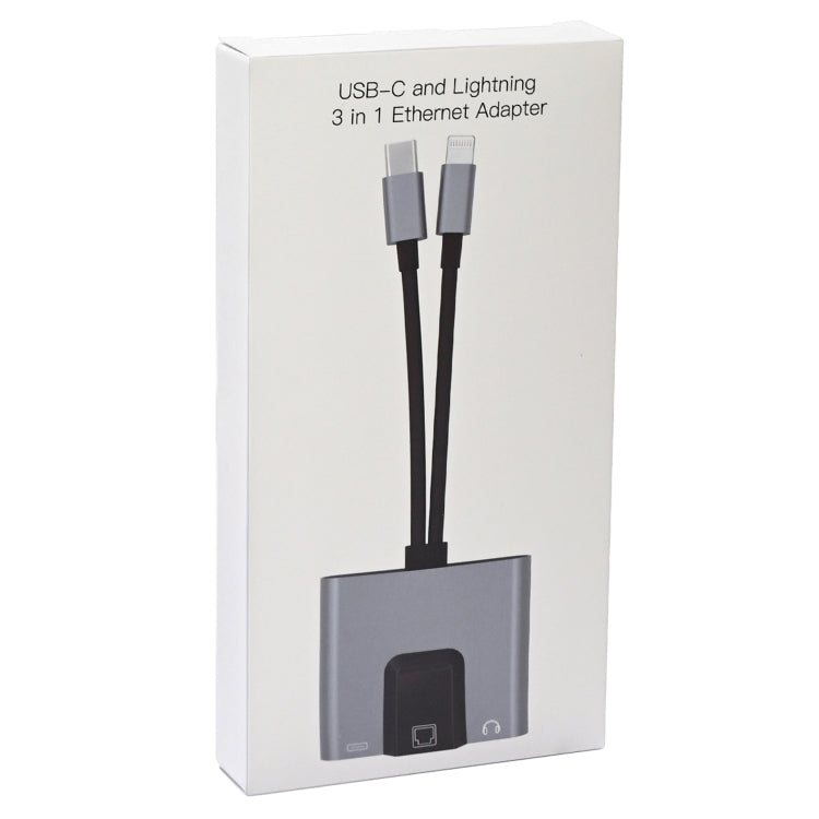 NK-1056Pro 3 in 1 8 Pin + USB-C / Type-C Male to 8 Pin Charging + Ethernet + 3.5mm Earphone Femal...