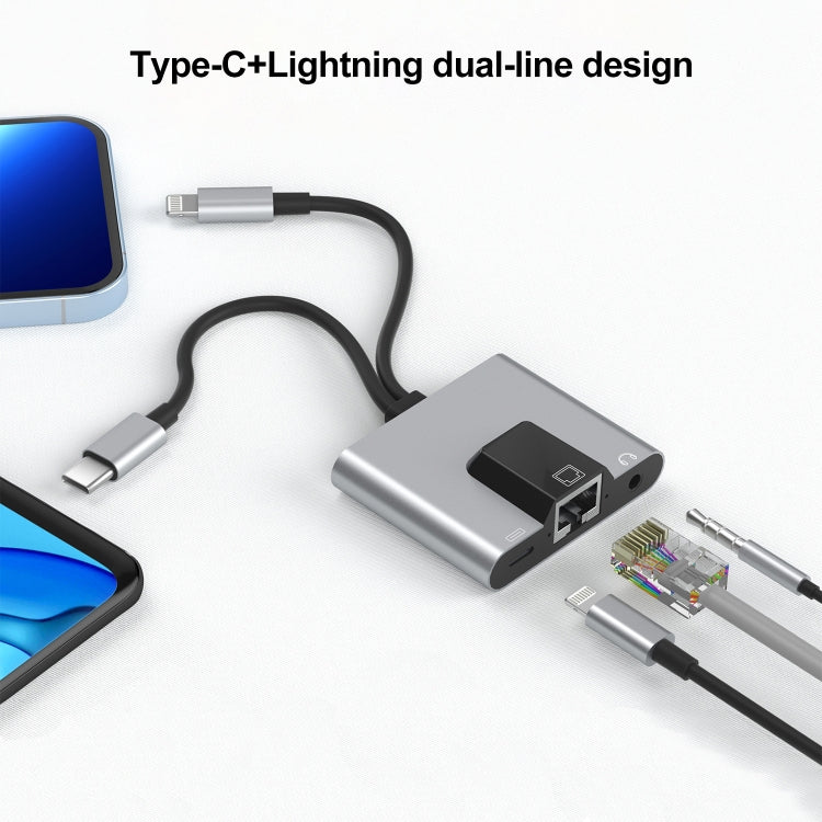 NK-1056Pro 3 in 1 8 Pin + USB-C / Type-C Male to 8 Pin Charging + Ethernet + 3.5mm Earphone Femal...