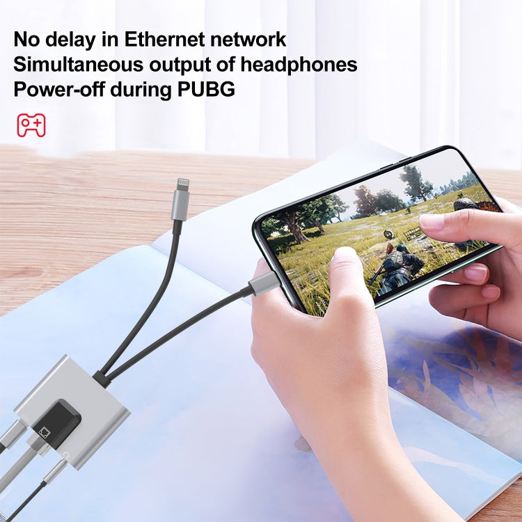 NK-1056Pro 3 in 1 8 Pin + USB-C / Type-C Male to 8 Pin Charging + Ethernet + 3.5mm Earphone Femal...