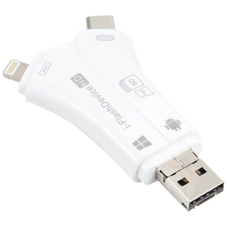 NK-908 4 in 1 i-Flash Y-shaped TF Card / SD Card Reader For 8 Pin + USB-C / Type-C + Micro USB + ...