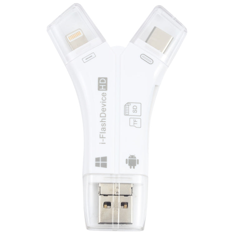 NK-908 4 in 1 i-Flash Y-shaped TF Card / SD Card Reader For 8 Pin + USB-C / Type-C + Micro USB + ...