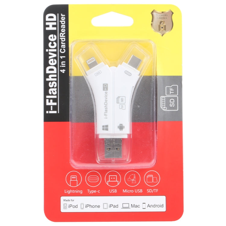 NK-908 4 in 1 i-Flash Y-shaped TF Card / SD Card Reader For 8 Pin + USB-C / Type-C + Micro USB + ...