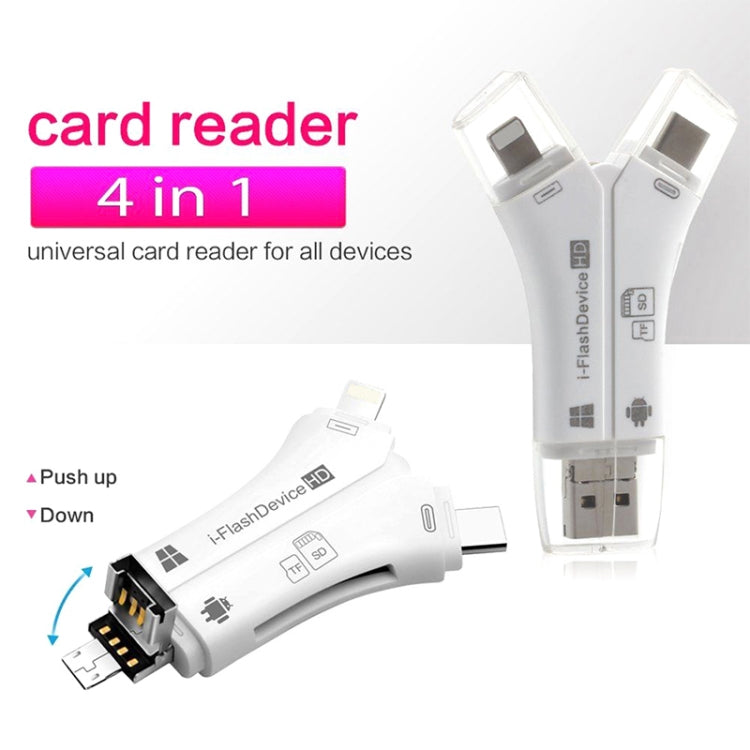 NK-908 4 in 1 i-Flash Y-shaped TF Card / SD Card Reader For 8 Pin + USB-C / Type-C + Micro USB + ...