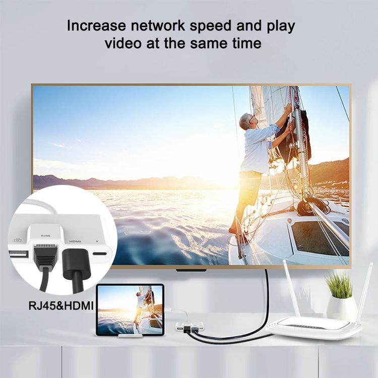 4 in 1 8 Pin Male to 8 Pin Power + RJ45 Ethernet + HDMI + USB Camera Female OTG Digital AV Adapte...