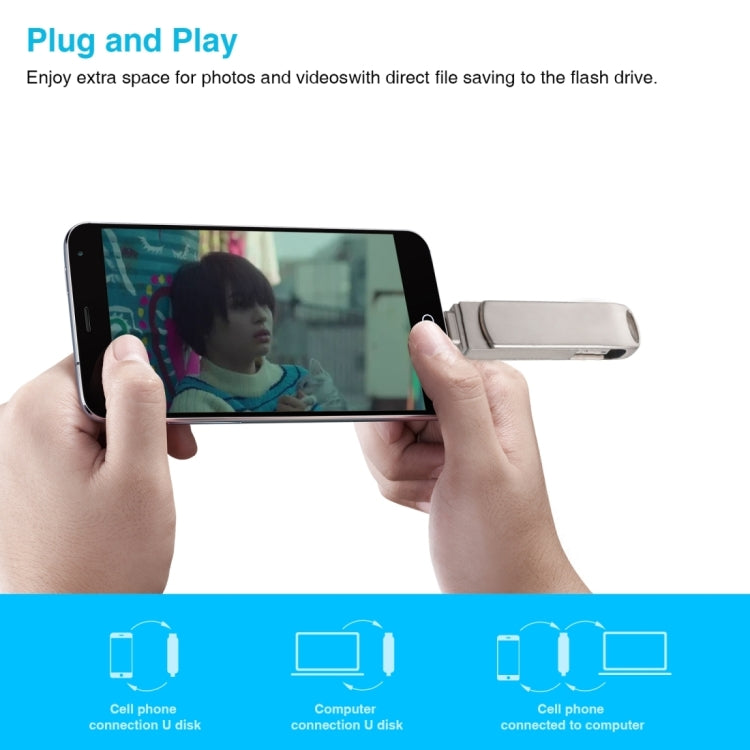 3 in 1 64G Micro USB + 8 Pin + Type-C Metal Rotating Push-pull Flash Disk with OTG Function������...
