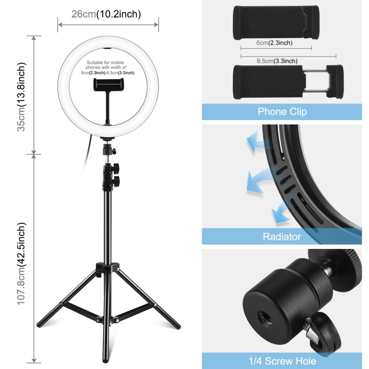 PULUZ 10.2 inch 26cm LED Ring Light  + 1.1m Tripod Mount Selfie Beauty Vlogging Video Light  Live...