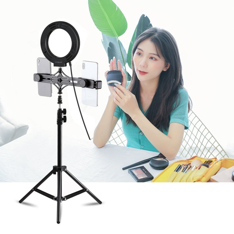 PULUZ 1.1m Tripod Mount + Live Broadcast Dual Phone Bracket + 6.2 inch 16cm LED Ring Vlogging Vid...