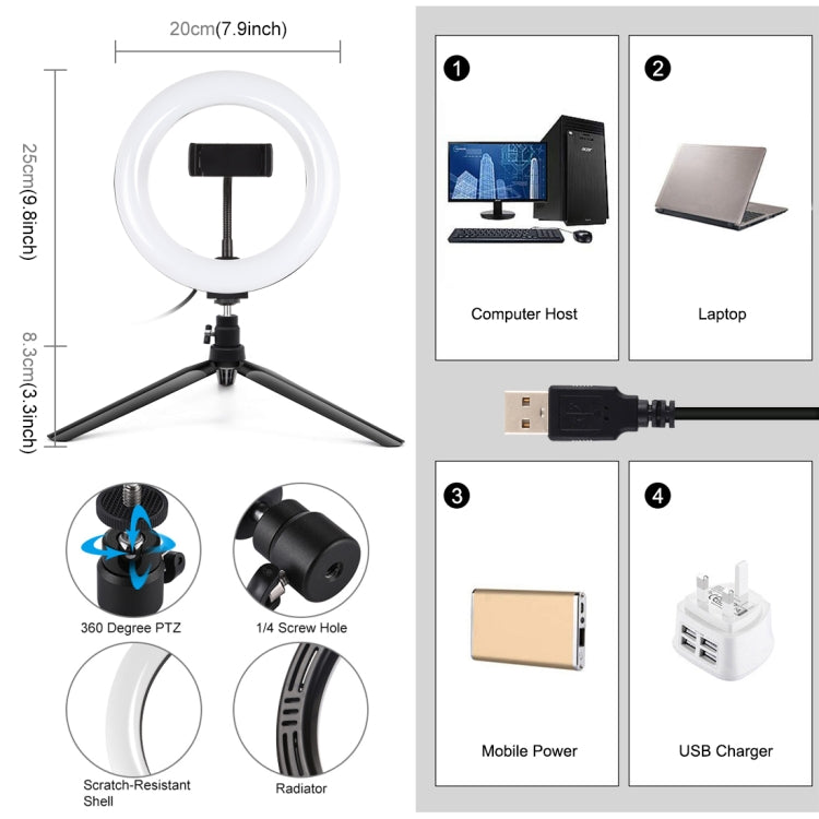 PULUZ 7.9 inch 20cm Light + Desktop Tripod Mount USB 3 Modes Dimmable Dual Color Temperature LED ...