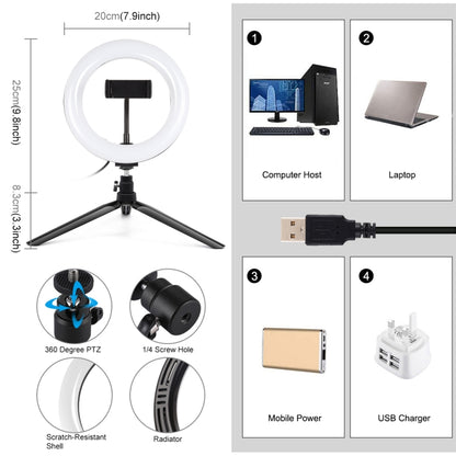 PULUZ 7.9 inch 20cm Light + Desktop Tripod Mount USB 3 Modes Dimmable Dual Color Temperature LED ...