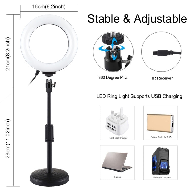 PULUZ 6.2 inch 16cm RGBW Light + Round Base Desktop Holder USB Dimmable LED Ring Vlogging Photogr...