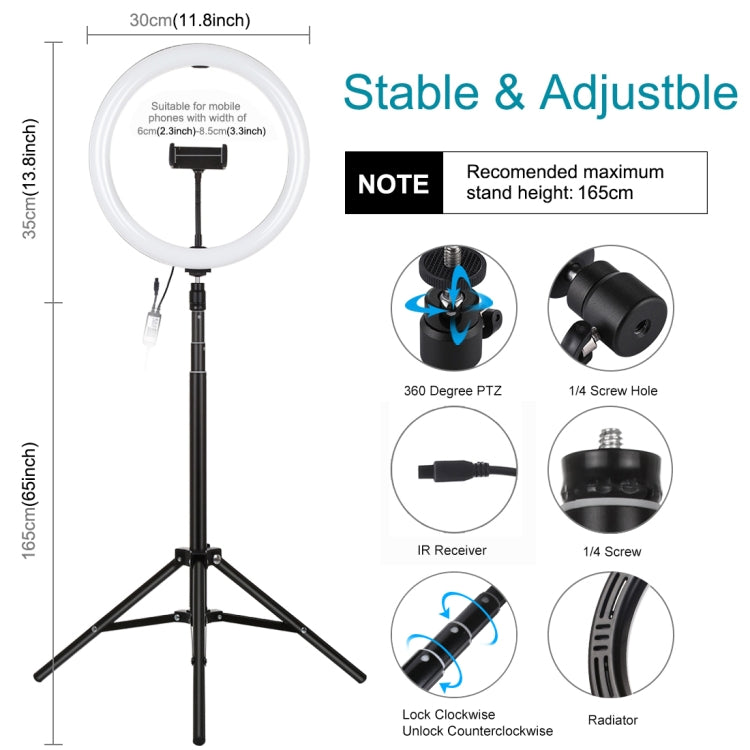 PULUZ 11.8 inch 30cm RGBW Light + 1.65m Mount Curved Surface RGBW Dimmable LED Ring Selfie Vloggi...