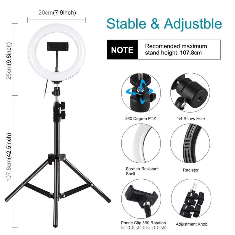 PULUZ 7.9 inch 20cm Light+ 1.1m Tripod Mount USB 3 Modes Dimmable Dual Color Temperature LED Curv...