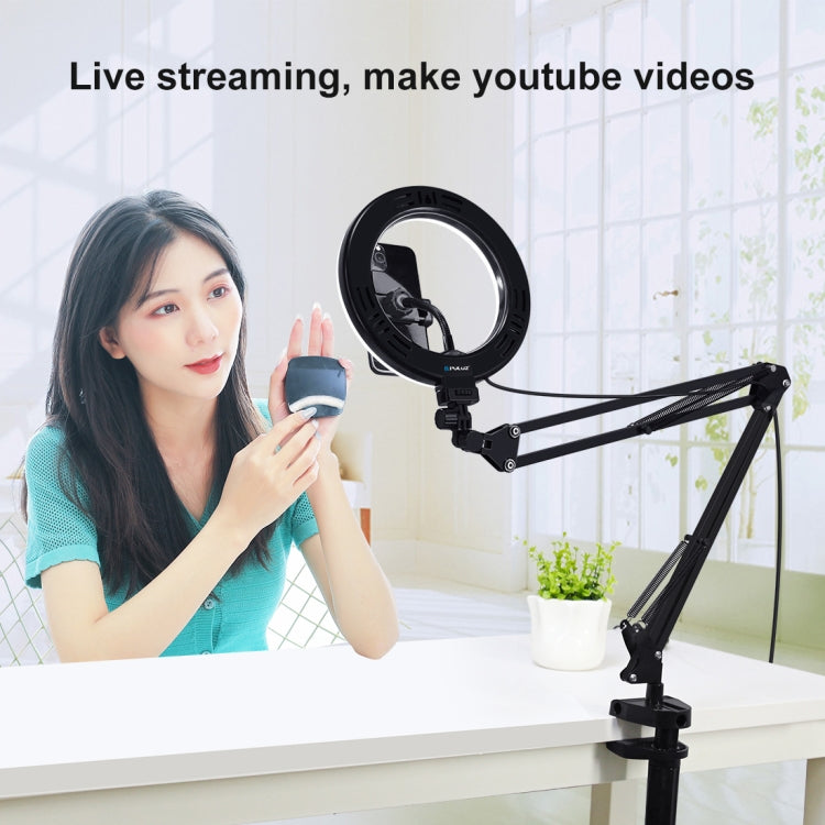 PULUZ 7.9 inch 20cm Ring Curved Light + Desktop Arm Stand USB 3 Modes Dimmable Dual Color Tempera...