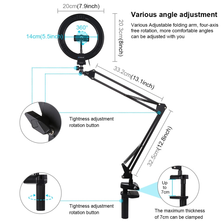PULUZ 7.9 inch 20cm Ring Curved Light + Desktop Arm Stand USB 3 Modes Dimmable Dual Color Tempera...