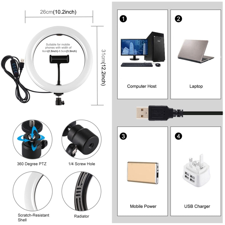 PULUZ 10.2 inch 26cm USB 3 Modes Dimmable LED Ring Vlogging Selfie Beauty Photography Video Light...