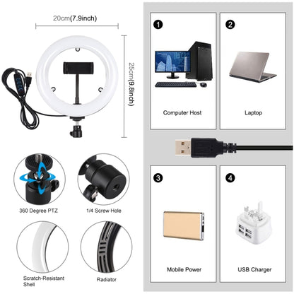 PULUZ 7.9 inch 20cm USB 3 Modes Dimmable Dual Color Temperature LED Curved Light Ring Vlogging Se...