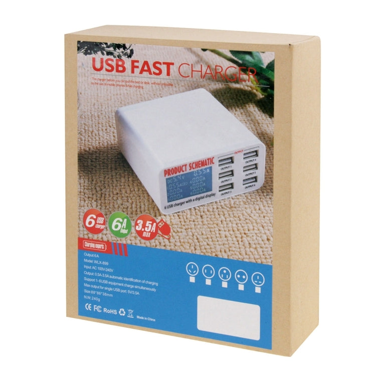 WLX-899 30W USB Charger 5V 6A Output 3.5A Max High Speed 6-Ports USB Charger with Digital Display...