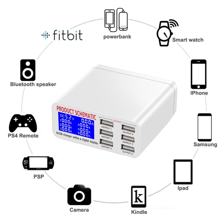 WLX-899 30W USB Charger 5V 6A Output 3.5A Max High Speed 6-Ports USB Charger with Digital Display...