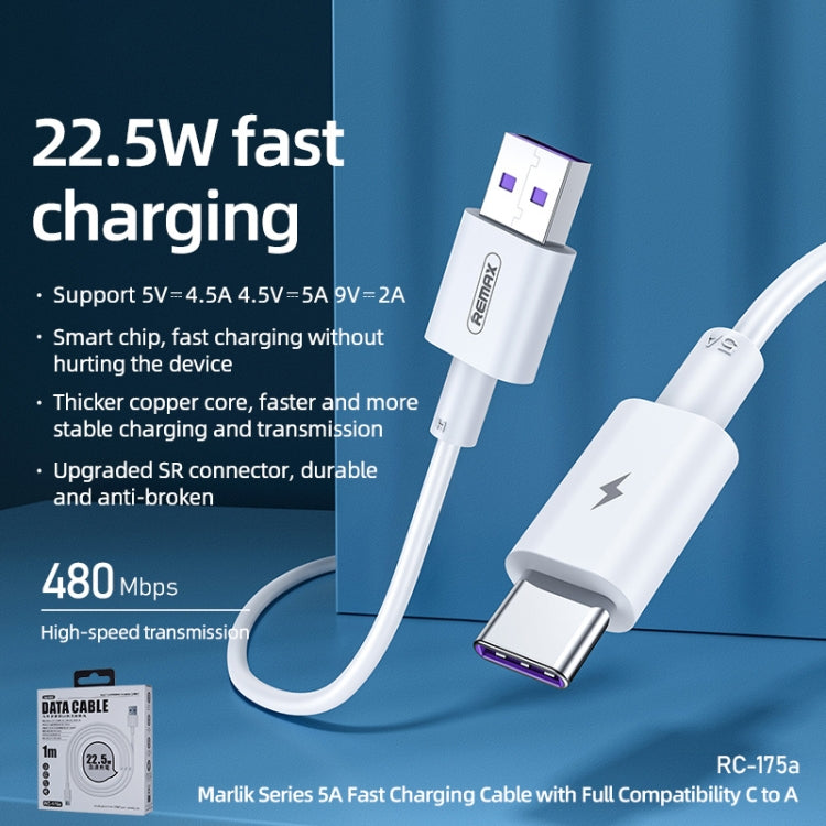 REMAX Marlik Series RC-175a 22.5W 5A USB to USB-C / Type-C Interface Fully Compatible Fast Chargi...