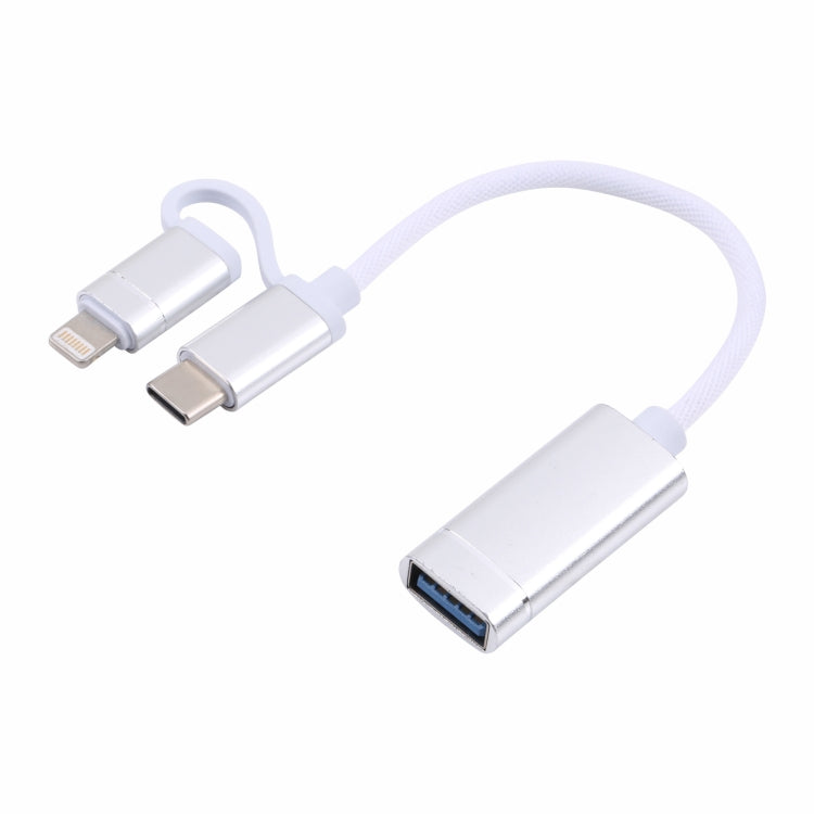 USB 3.0 Female to 8 Pin + USB-C / Type-C Male Charging + Transmission OTG Nylon Braided Adapter C...