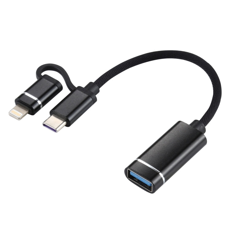 USB 3.0 Female to 8 Pin + USB-C / Type-C Male Charging + Transmission OTG Nylon Braided Adapter C...