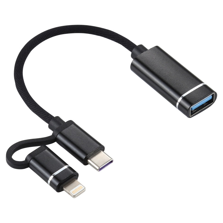 USB 3.0 Female to 8 Pin + USB-C / Type-C Male Charging + Transmission OTG Nylon Braided Adapter C...