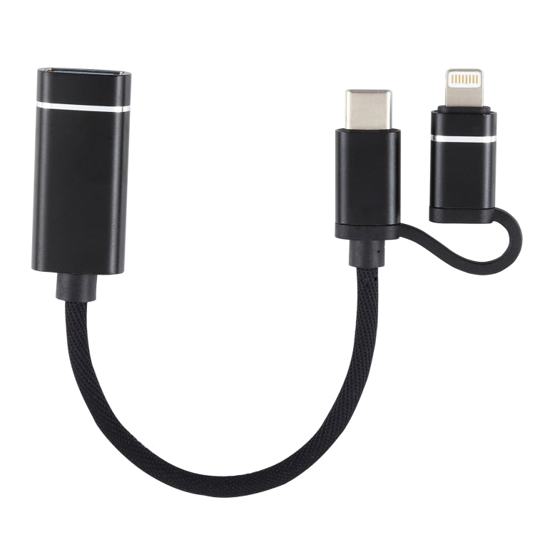 USB 3.0 Female to 8 Pin + USB-C / Type-C Male Charging + Transmission OTG Nylon Braided Adapter C...