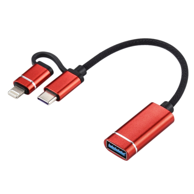 USB 3.0 Female to 8 Pin + USB-C / Type-C Male Charging + Transmission OTG Nylon Braided Adapter C...