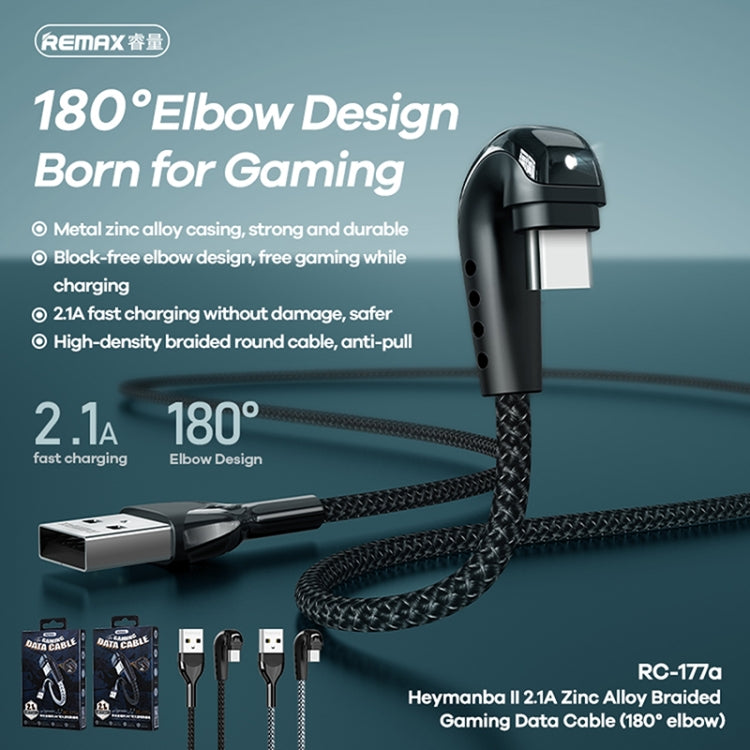 REMAX RC-177a Heymanba II 2.1A USB to USB-C / Type-C 180 Degrees Elbow Zinc Alloy Braided Gaming ...
