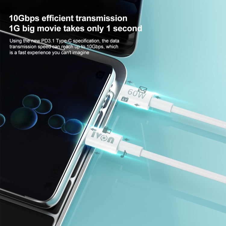 IVON CA203 60W PD USB-C / Type-C to USB-C / Type-C Fast Charging Data Cable, Cable Length: 1m