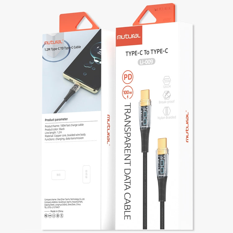 Mutural Li-CC009 1.2m 100W Transparent USB-C / Type-C to Type-C Charging Data Cable��������������...
