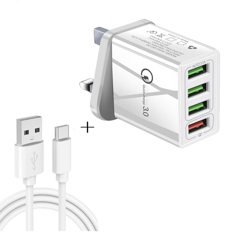 2 in 1 1m USB to USB-C / Type-C Data Cable + 30W QC 3.0 4 USB Interfaces Mobile Phone Tablet PC U...