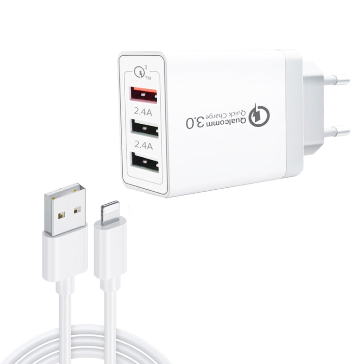 SDC-30W 2 in 1 USB to 8 Pin Data Cable + 30W QC 3.0 USB + 2.4A Dual USB 2.0 Ports Mobile Phone Ta...