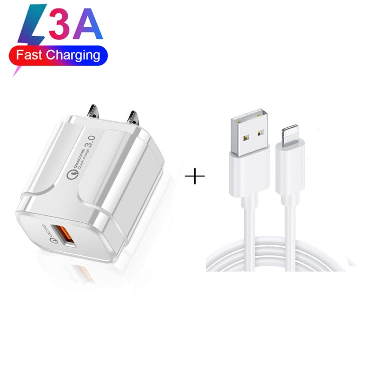 LZ-023 18W QC 3.0 USB Portable Travel Charger + 3A USB to 8 Pin Data Cable, US Plug��������������...