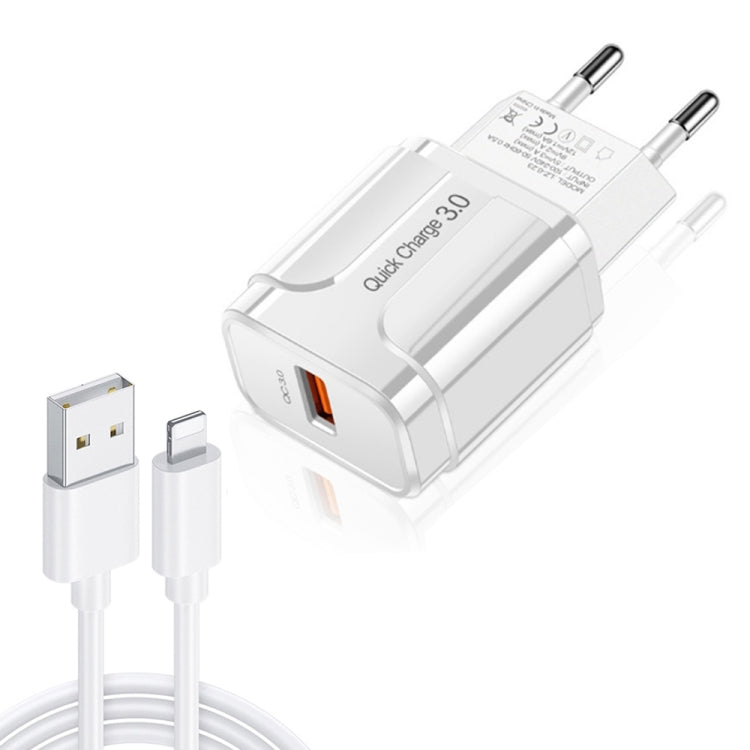 LZ-023 18W QC 3.0 USB Portable Travel Charger + 3A USB to 8 Pin Data Cable, EU Plug��������������...