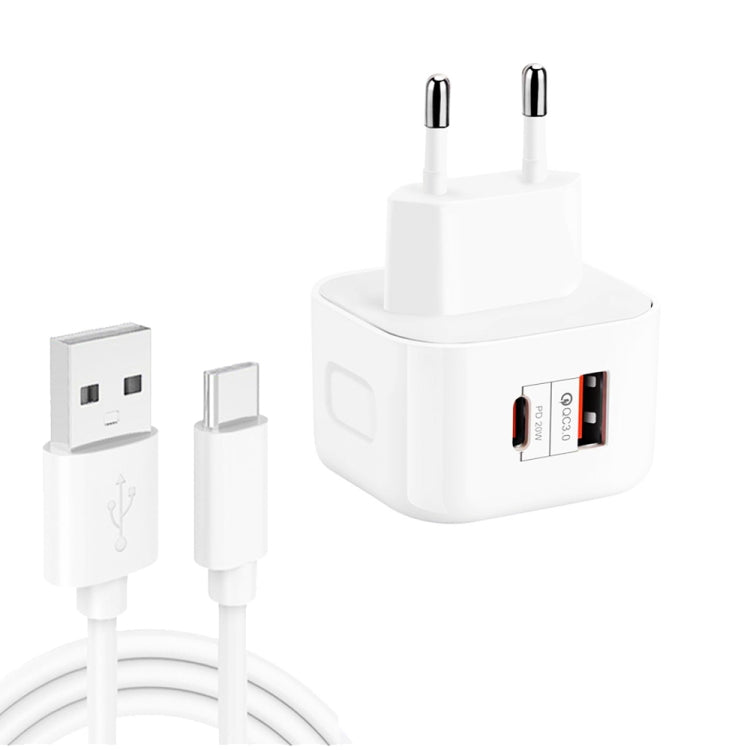 YSY-6087PD 20W PD3.0 + QC3.0 Dual Fast Charge Travel Charger with USB to Type-C Data Cable, EU Pl...