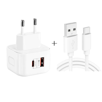 YSY-6087PD 20W PD3.0 + QC3.0 Dual Fast Charge Travel Charger with USB to Type-C Data Cable, EU Pl...