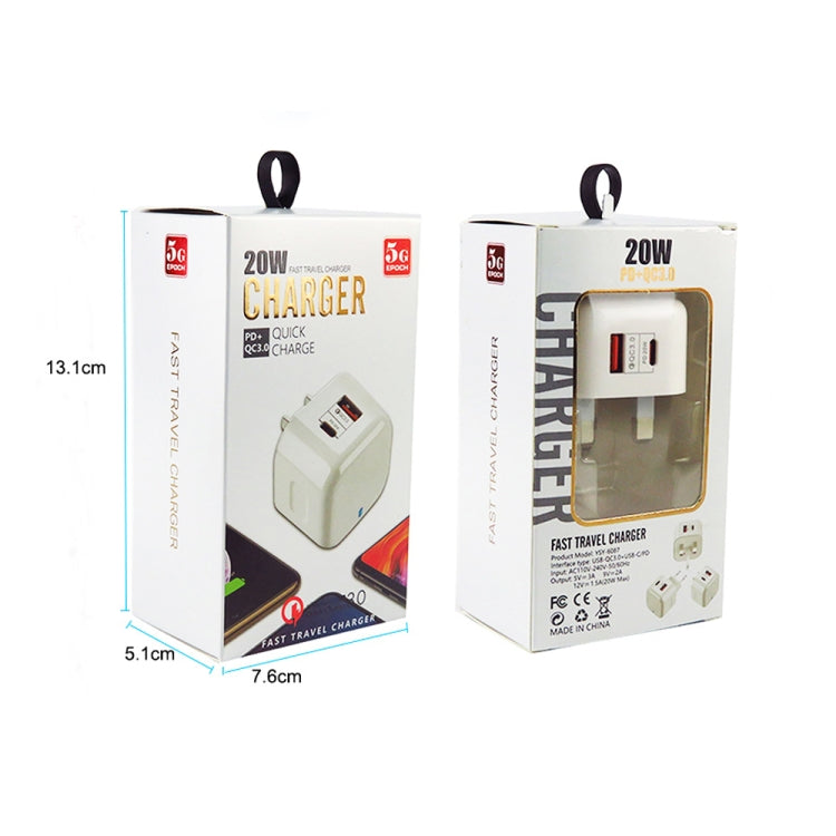 YSY-6087PD 20W PD3.0 + QC3.0 Dual Fast Charge Travel Charger with USB to Type-C Data Cable, EU Pl...