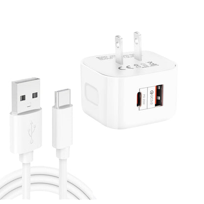 YSY-6087PD 20W PD3.0 + QC3.0 Dual Fast Charge Travel Charger with USB to Type-C Data Cable, EU Pl...