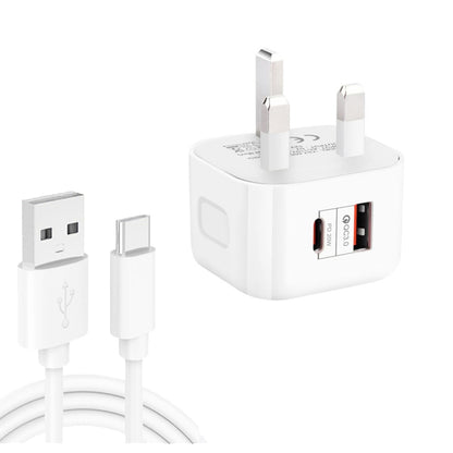 YSY-6087PD 20W PD3.0 + QC3.0 Dual Fast Charge Travel Charger with USB to Type-C Data Cable, EU Pl...